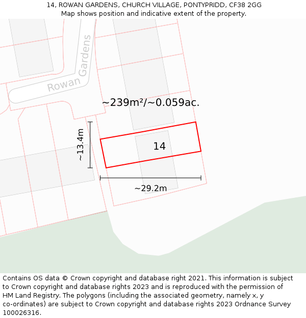 14, ROWAN GARDENS, CHURCH VILLAGE, PONTYPRIDD, CF38 2GG: Plot and title map