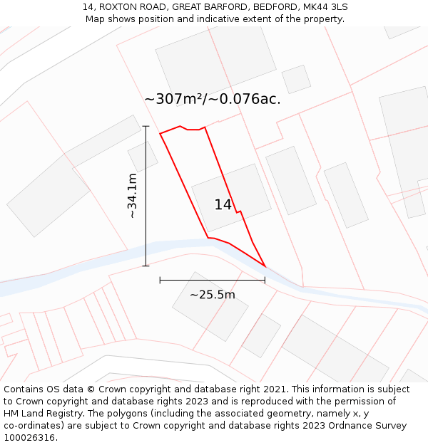 14, ROXTON ROAD, GREAT BARFORD, BEDFORD, MK44 3LS: Plot and title map