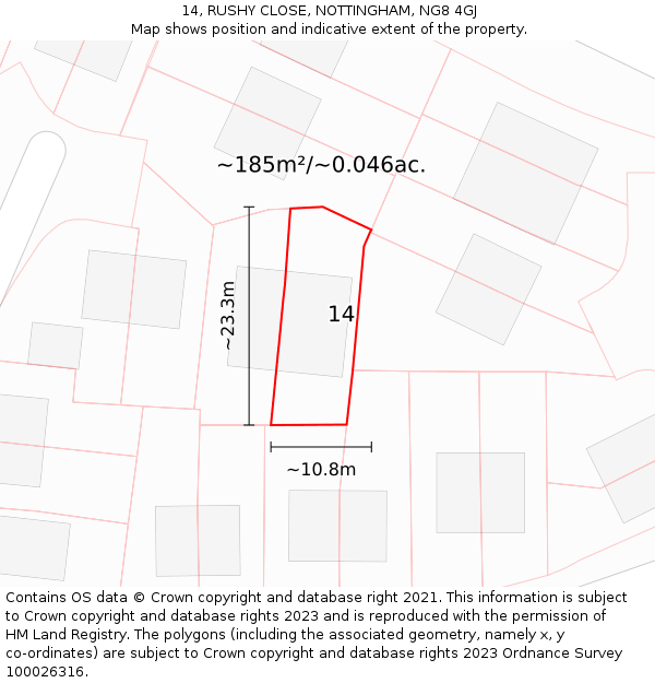 14, RUSHY CLOSE, NOTTINGHAM, NG8 4GJ: Plot and title map