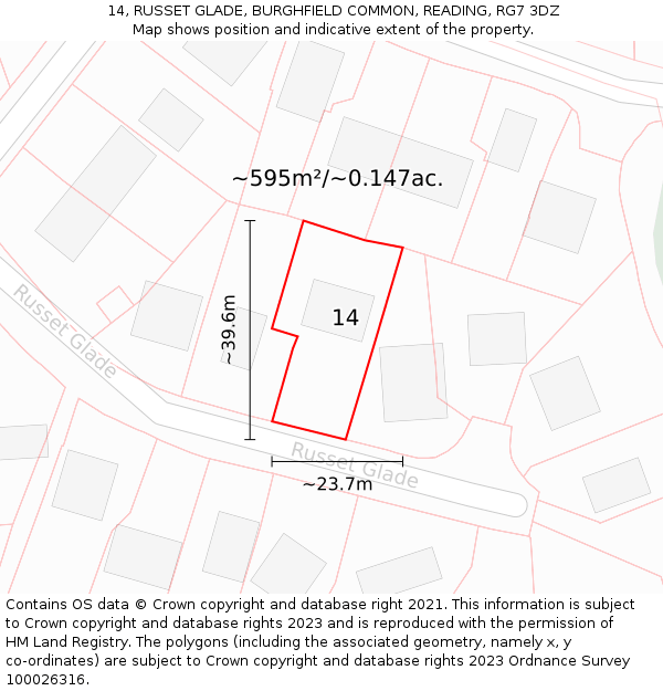 14, RUSSET GLADE, BURGHFIELD COMMON, READING, RG7 3DZ: Plot and title map