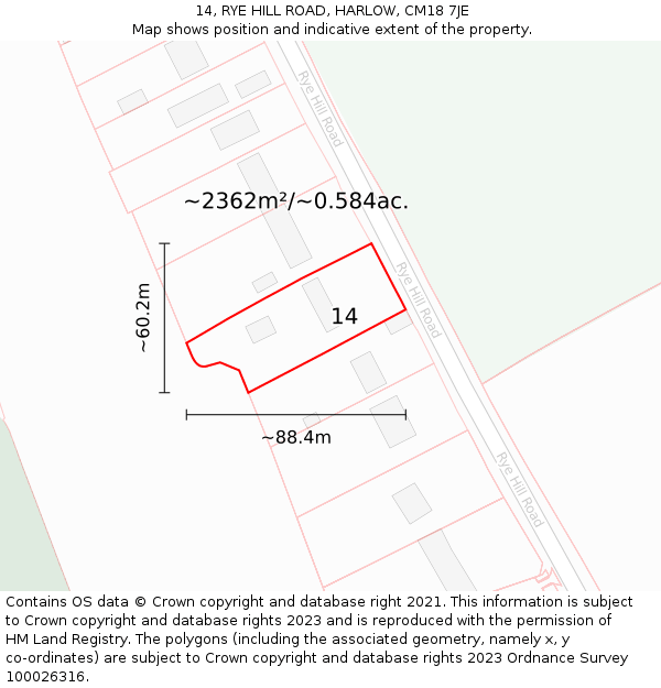 14, RYE HILL ROAD, HARLOW, CM18 7JE: Plot and title map