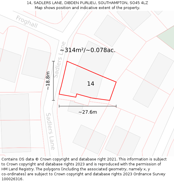 14, SADLERS LANE, DIBDEN PURLIEU, SOUTHAMPTON, SO45 4LZ: Plot and title map