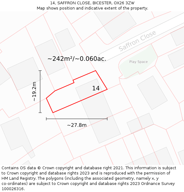 14, SAFFRON CLOSE, BICESTER, OX26 3ZW: Plot and title map