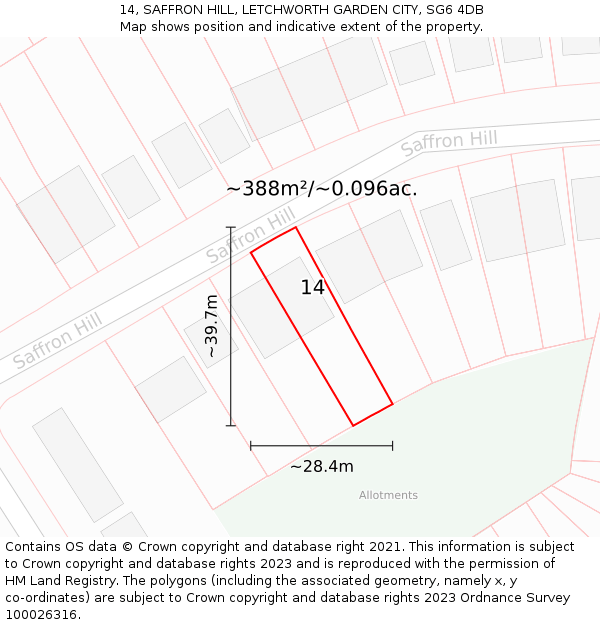 14, SAFFRON HILL, LETCHWORTH GARDEN CITY, SG6 4DB: Plot and title map