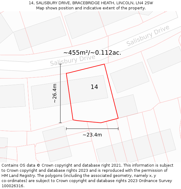 14, SALISBURY DRIVE, BRACEBRIDGE HEATH, LINCOLN, LN4 2SW: Plot and title map