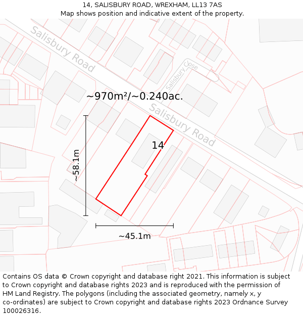 14, SALISBURY ROAD, WREXHAM, LL13 7AS: Plot and title map