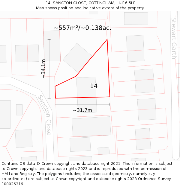 14, SANCTON CLOSE, COTTINGHAM, HU16 5LP: Plot and title map