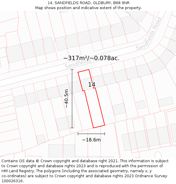 14, SANDFIELDS ROAD, OLDBURY, B68 9NR: Plot and title map