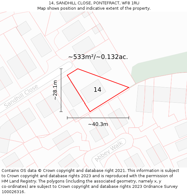 14, SANDHILL CLOSE, PONTEFRACT, WF8 1RU: Plot and title map