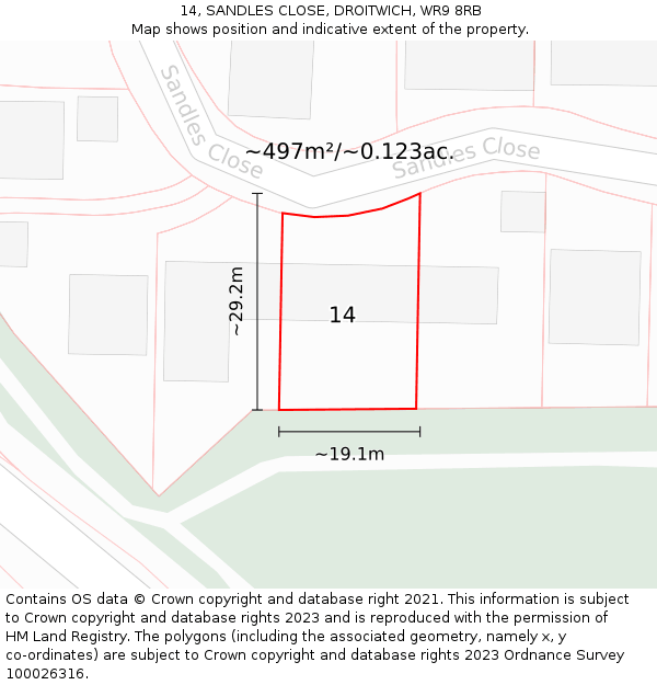 14, SANDLES CLOSE, DROITWICH, WR9 8RB: Plot and title map