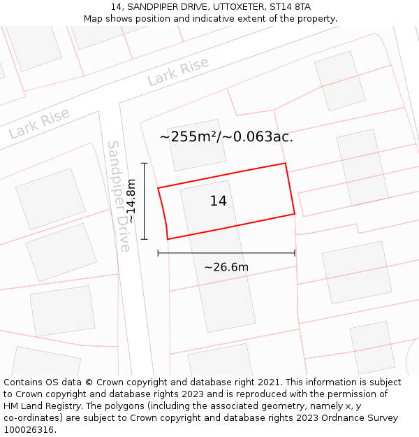 14, SANDPIPER DRIVE, UTTOXETER, ST14 8TA: Plot and title map