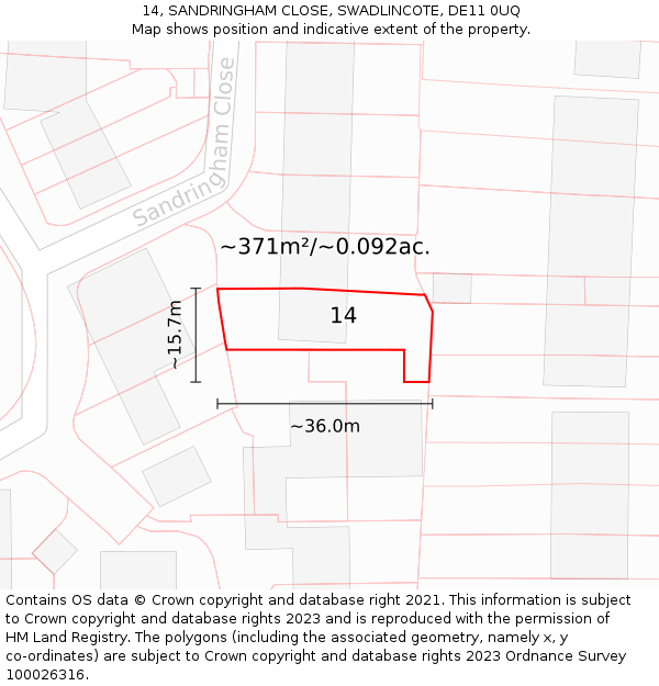 14, SANDRINGHAM CLOSE, SWADLINCOTE, DE11 0UQ: Plot and title map