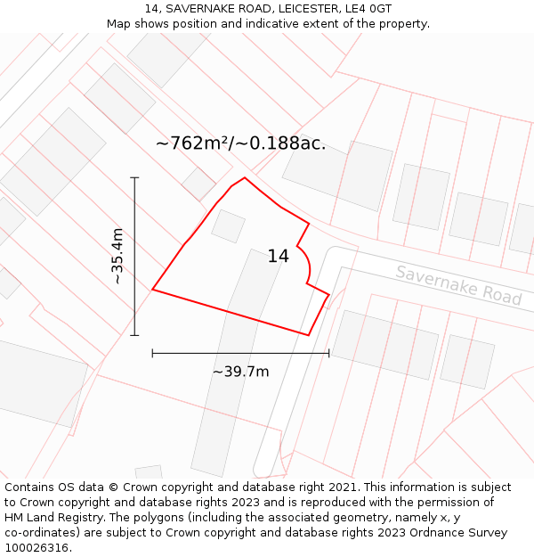 14, SAVERNAKE ROAD, LEICESTER, LE4 0GT: Plot and title map