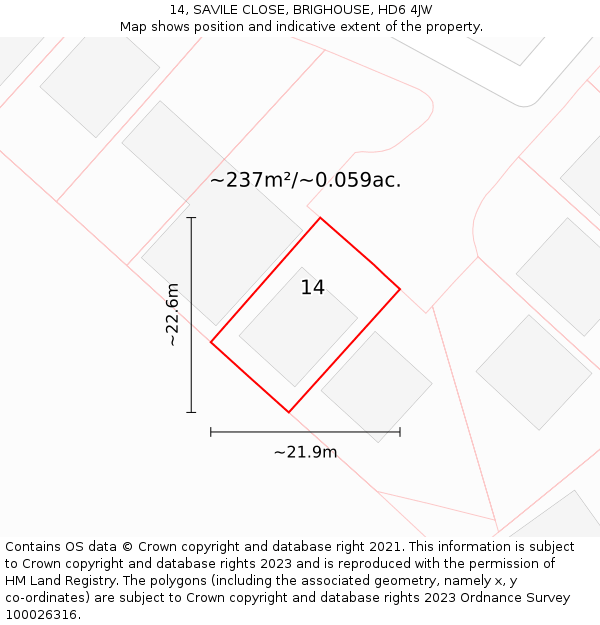 14, SAVILE CLOSE, BRIGHOUSE, HD6 4JW: Plot and title map