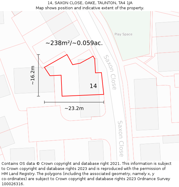 14, SAXON CLOSE, OAKE, TAUNTON, TA4 1JA: Plot and title map