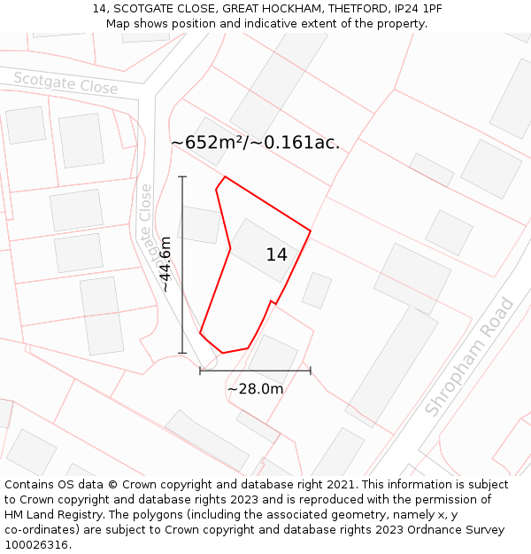 14, SCOTGATE CLOSE, GREAT HOCKHAM, THETFORD, IP24 1PF: Plot and title map