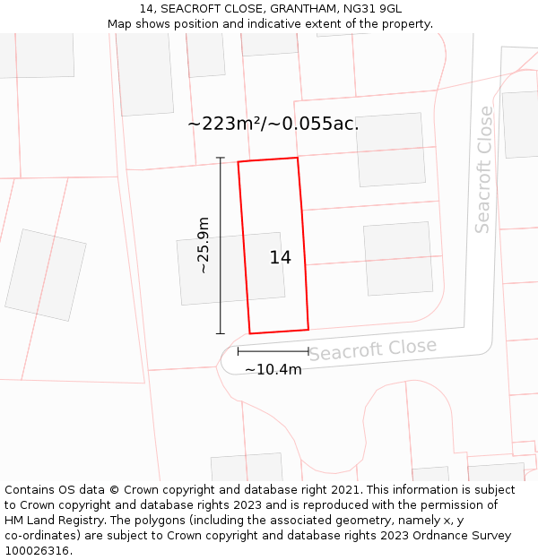 14, SEACROFT CLOSE, GRANTHAM, NG31 9GL: Plot and title map