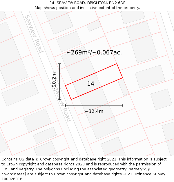 14, SEAVIEW ROAD, BRIGHTON, BN2 6DF: Plot and title map