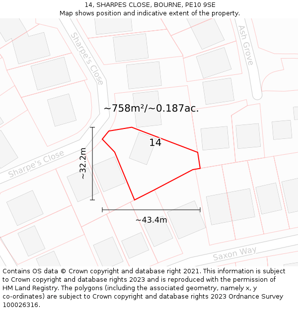 14, SHARPES CLOSE, BOURNE, PE10 9SE: Plot and title map