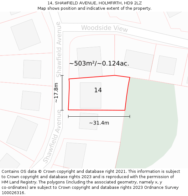 14, SHAWFIELD AVENUE, HOLMFIRTH, HD9 2LZ: Plot and title map