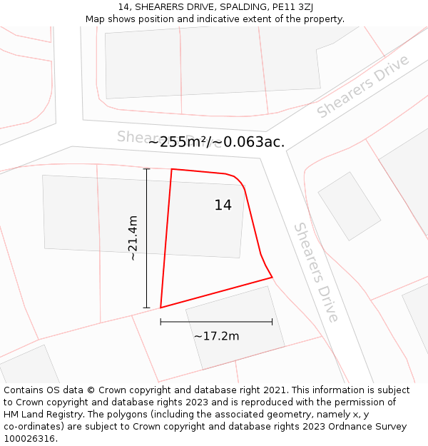 14, SHEARERS DRIVE, SPALDING, PE11 3ZJ: Plot and title map