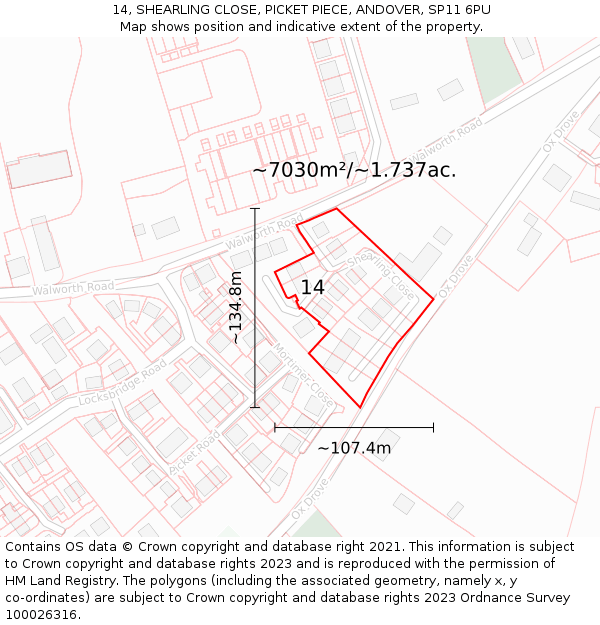 14, SHEARLING CLOSE, PICKET PIECE, ANDOVER, SP11 6PU: Plot and title map