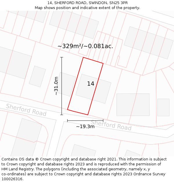 14, SHERFORD ROAD, SWINDON, SN25 3PR: Plot and title map