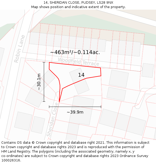 14, SHERIDAN CLOSE, PUDSEY, LS28 9NX: Plot and title map