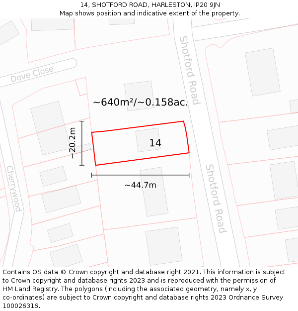 14, SHOTFORD ROAD, HARLESTON, IP20 9JN: Plot and title map