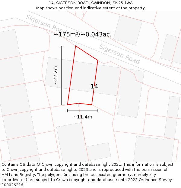 14, SIGERSON ROAD, SWINDON, SN25 1WA: Plot and title map