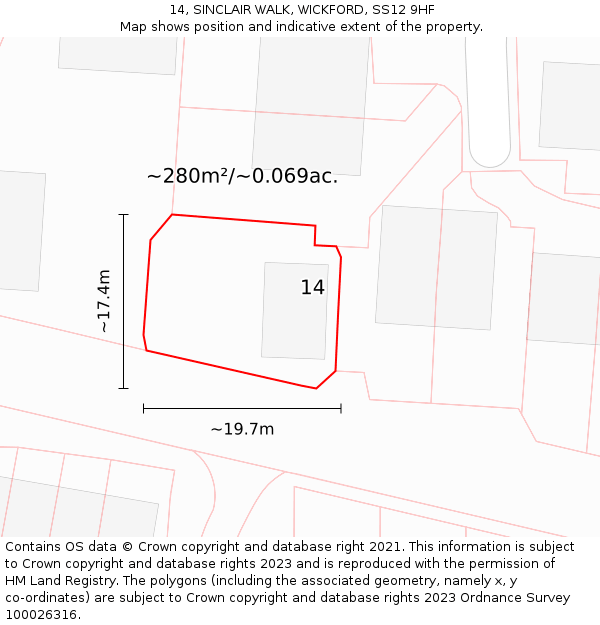 14, SINCLAIR WALK, WICKFORD, SS12 9HF: Plot and title map