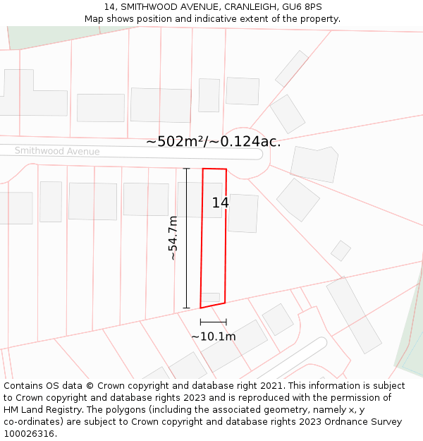 14, SMITHWOOD AVENUE, CRANLEIGH, GU6 8PS: Plot and title map