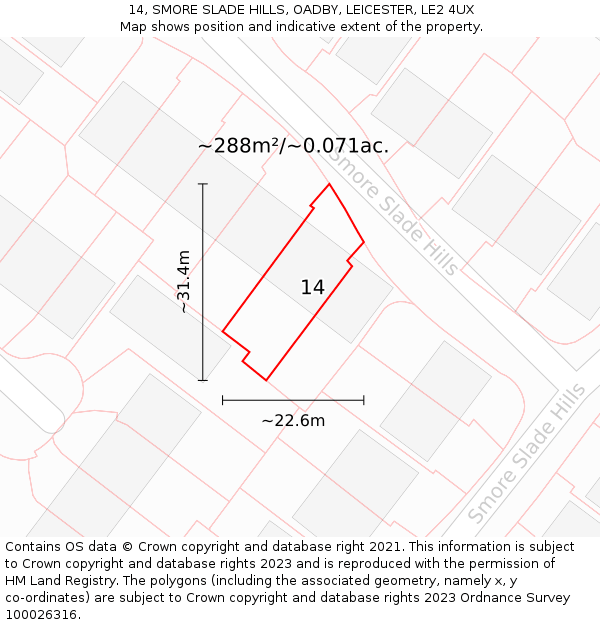 14, SMORE SLADE HILLS, OADBY, LEICESTER, LE2 4UX: Plot and title map