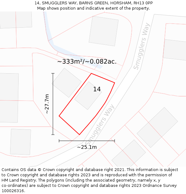 14, SMUGGLERS WAY, BARNS GREEN, HORSHAM, RH13 0PP: Plot and title map