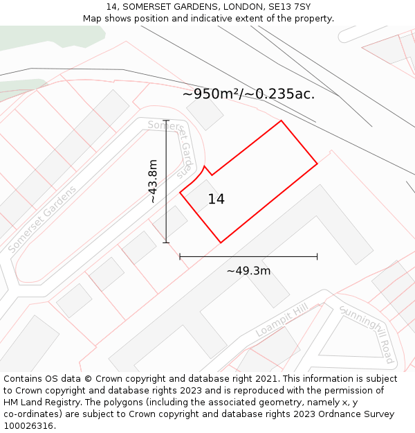 14, SOMERSET GARDENS, LONDON, SE13 7SY: Plot and title map