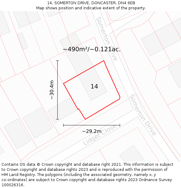 14, SOMERTON DRIVE, DONCASTER, DN4 6EB: Plot and title map