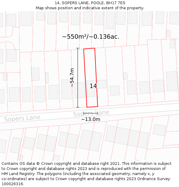 14, SOPERS LANE, POOLE, BH17 7ES: Plot and title map