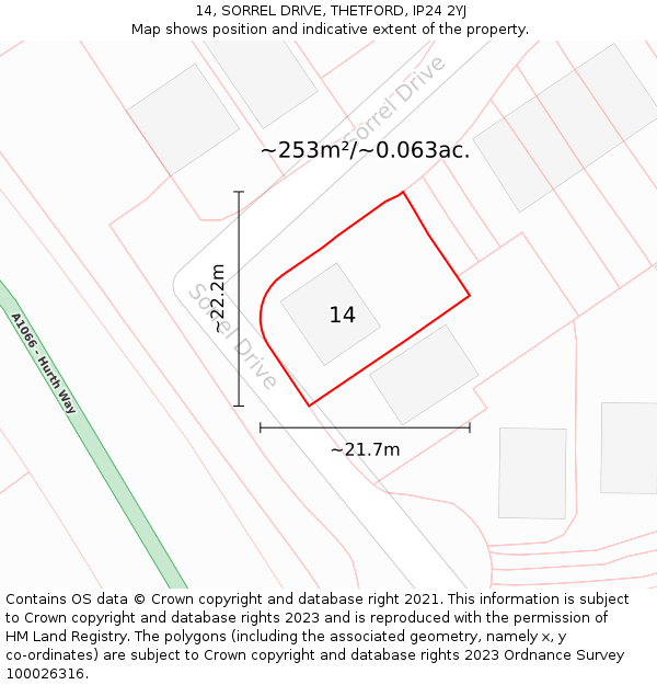 14, SORREL DRIVE, THETFORD, IP24 2YJ: Plot and title map