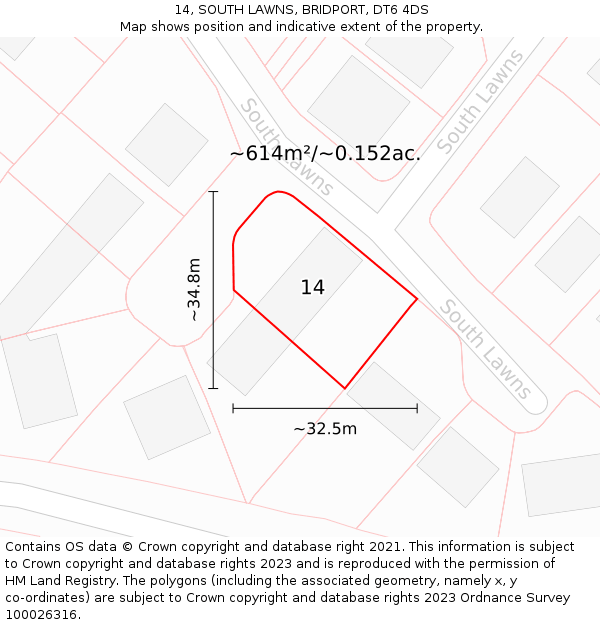 14, SOUTH LAWNS, BRIDPORT, DT6 4DS: Plot and title map