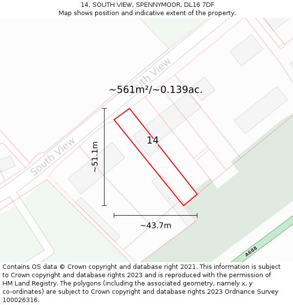 14, SOUTH VIEW, SPENNYMOOR, DL16 7DF: Plot and title map