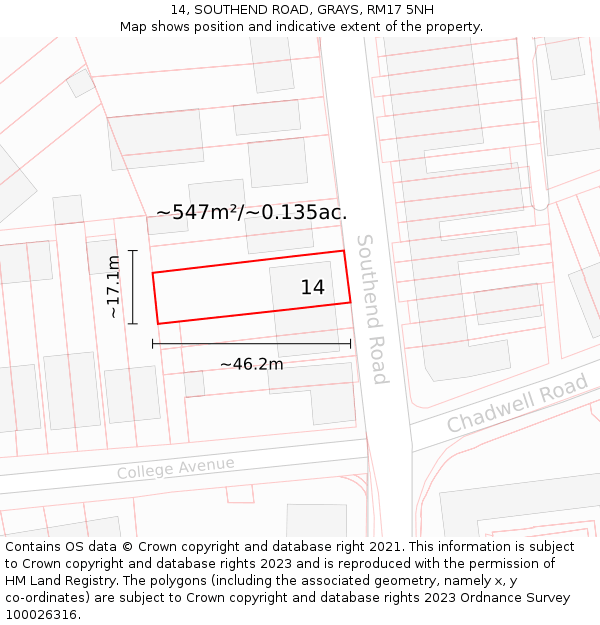 14, SOUTHEND ROAD, GRAYS, RM17 5NH: Plot and title map