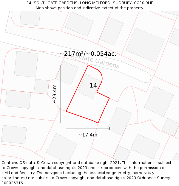 14, SOUTHGATE GARDENS, LONG MELFORD, SUDBURY, CO10 9HB: Plot and title map