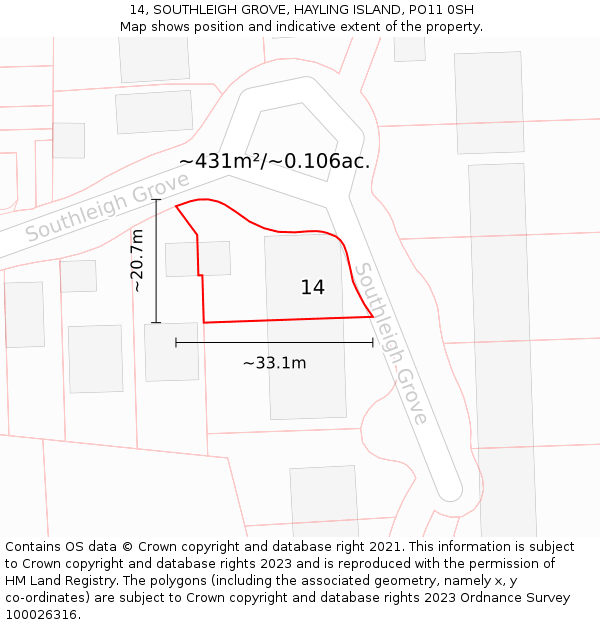 14, SOUTHLEIGH GROVE, HAYLING ISLAND, PO11 0SH: Plot and title map