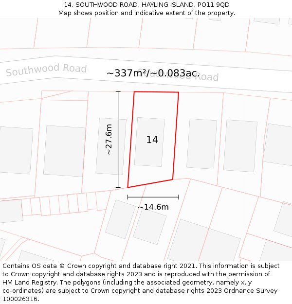 14, SOUTHWOOD ROAD, HAYLING ISLAND, PO11 9QD: Plot and title map