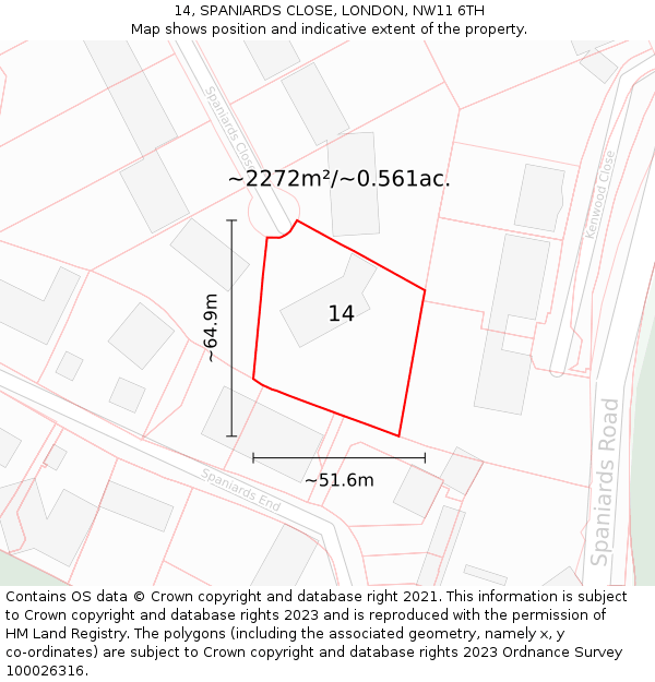14, SPANIARDS CLOSE, LONDON, NW11 6TH: Plot and title map