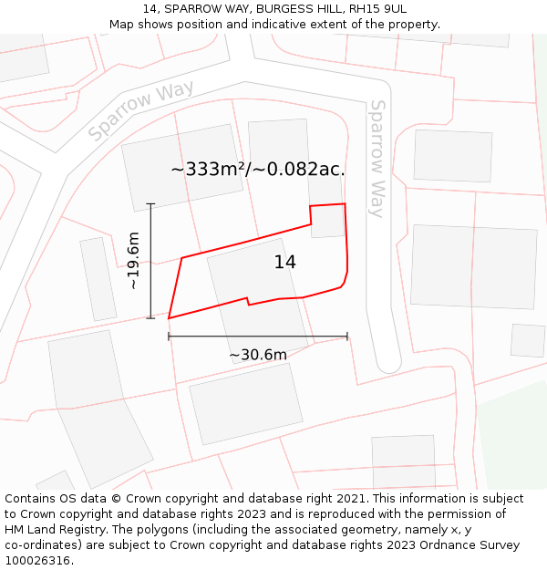 14, SPARROW WAY, BURGESS HILL, RH15 9UL: Plot and title map