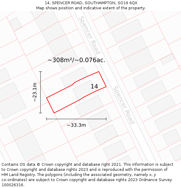 14, SPENCER ROAD, SOUTHAMPTON, SO19 6QX: Plot and title map