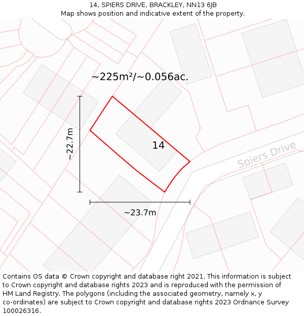 14, SPIERS DRIVE, BRACKLEY, NN13 6JB: Plot and title map