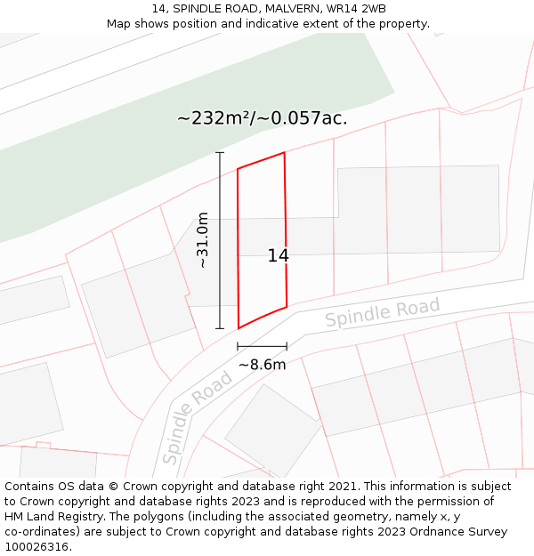 14, SPINDLE ROAD, MALVERN, WR14 2WB: Plot and title map