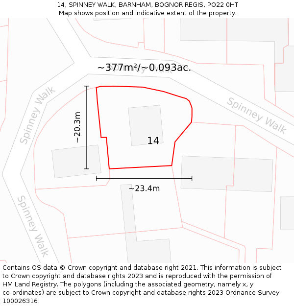 14, SPINNEY WALK, BARNHAM, BOGNOR REGIS, PO22 0HT: Plot and title map